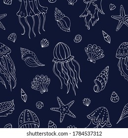 Seamless vector pattern with sketch of jellyfish and seashells. Sea seamless vector pattern. Decoration print for wrapping, wallpaper, fabric. 
