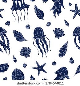 Seamless vector pattern with sketch of jellyfish and seashells. Sea seamless vector pattern. Decoration print for wrapping, wallpaper, fabric. 