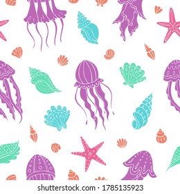 Seamless vector pattern with sketch of jellyfish and seashells. Sea seamless vector pattern. Decoration print for wrapping, wallpaper, fabric. 