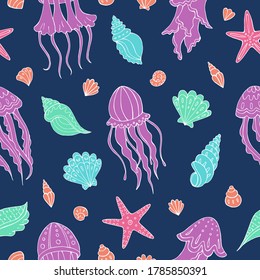Seamless vector pattern with sketch of jellyfish and seashells. Sea seamless vector pattern. Decoration print for wrapping, wallpaper, fabric. 