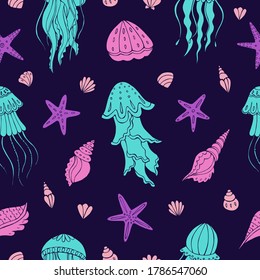 Seamless vector pattern with sketch of jellyfish, sea stars and seashells. Sea seamless vector pattern. Decoration print for wrapping, wallpaper, fabric. 