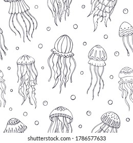 Seamless vector pattern with sketch of jellyfish. Sea seamless vector pattern. Decoration print for wrapping, wallpaper, fabric. 