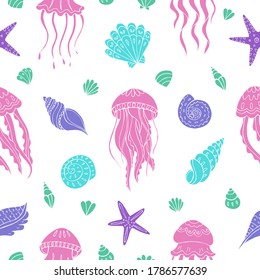 Seamless vector pattern with sketch of jellyfish and seashells. Sea seamless vector pattern. Decoration print for wrapping, wallpaper, fabric. 