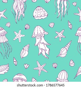 Seamless vector pattern with sketch of jellyfish and seashells. Sea seamless vector pattern. Decoration print for wrapping, wallpaper, fabric. 