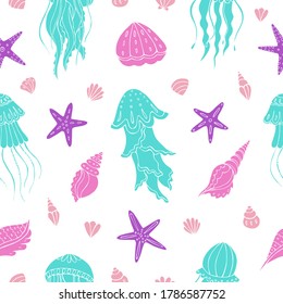 Seamless vector pattern with sketch of jellyfish and seashells. Sea seamless vector pattern. Decoration print for wrapping, wallpaper, fabric. 