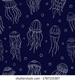 Seamless vector pattern with sketch of jellyfish. Sea seamless vector pattern. Decoration print for wrapping, wallpaper, fabric. 