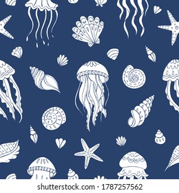 Seamless vector pattern with sketch of jellyfish, sea stars and seashells. Sea seamless vector pattern. Decoration print for wrapping, wallpaper, fabric. 