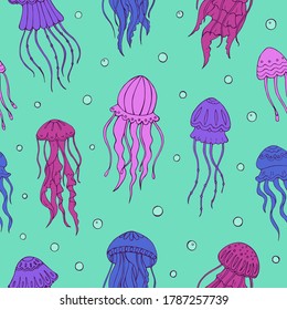 Seamless vector pattern with sketch of jellyfish. Sea seamless vector pattern. Decoration print for wrapping, wallpaper, fabric. 