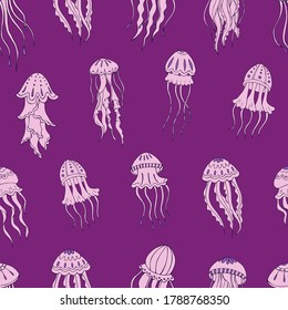 Seamless vector pattern with sketch of jellyfish. Sea seamless vector pattern. Decoration print for wrapping, wallpaper, fabric. 