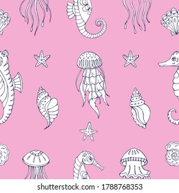 Seamless vector pattern with sketch of jellyfish and seashells. Sea seamless vector pattern. Decoration print for wrapping, wallpaper, fabric. 