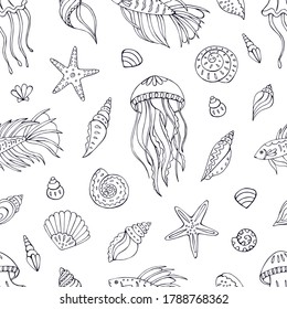 Seamless vector pattern with sketch of jellyfish, sea fish, seashells and sea stars. Sea seamless vector pattern. Decoration print for wrapping, wallpaper, fabric.