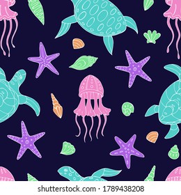 Seamless vector pattern with sketch of jellyfish, turtle, sea stars and seashells. Sea seamless vector pattern. Decoration print for wrapping, wallpaper, fabric. 