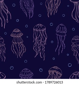 Seamless vector pattern with sketch of jellyfish. Sea seamless vector pattern. Decoration print for wrapping, wallpaper, fabric. 