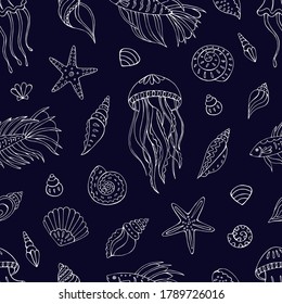 Seamless vector pattern with sketch of jellyfish, sea fish, seashells and sea stars. Sea seamless vector pattern. Decoration print for wrapping, wallpaper, fabric.