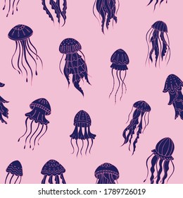 Seamless vector pattern with sketch of jellyfish. Sea seamless vector pattern. Decoration print for wrapping, wallpaper, fabric. 