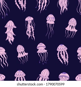 Seamless vector pattern with sketch of jellyfish. Sea seamless vector pattern. Decoration print for wrapping, wallpaper, fabric. 