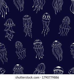 Seamless vector pattern with sketch of jellyfish. Sea seamless vector pattern. Decoration print for wrapping, wallpaper, fabric. 
