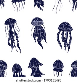 Seamless vector pattern with sketch of jellyfish. Sea seamless vector pattern. Decoration print for wrapping, wallpaper, fabric. 