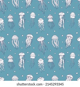 Seamless vector pattern with sketch of jellyfish. Sea seamless vector pattern. Decoration print for wrapping, wallpaper, fabric. 