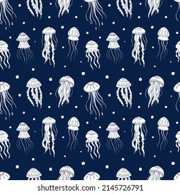 Seamless vector pattern with sketch of jellyfish. Sea seamless vector pattern. Decoration print for wrapping, wallpaper, fabric. 