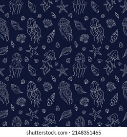 Seamless vector pattern with sketch of jellyfish and seashells. Sea seamless vector pattern. Decoration print for wrapping, wallpaper, fabric. 