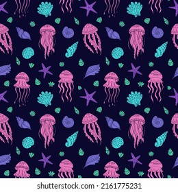 Seamless vector pattern with sketch of jellyfish, sea stars and seashells. Sea seamless vector pattern. Decoration print for wrapping, wallpaper, fabric. 