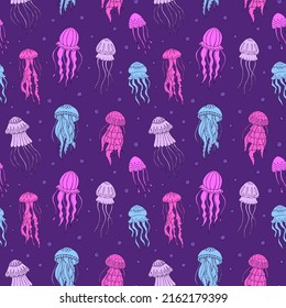 Seamless vector pattern with sketch of jellyfish. Sea seamless vector pattern. Decoration print for wrapping, wallpaper, fabric. 