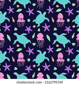 Seamless vector pattern with sketch of jellyfish, turtle, sea stars and seashells. Sea seamless vector pattern. Decoration print for wrapping, wallpaper, fabric. 