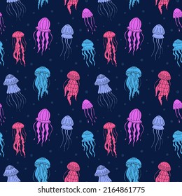 Seamless vector pattern with sketch of jellyfish. Sea seamless vector pattern. Decoration print for wrapping, wallpaper, fabric. 