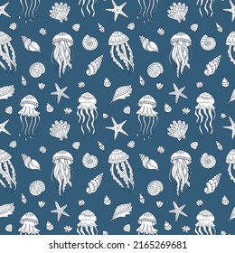 Seamless vector pattern with sketch of jellyfish, sea stars and seashells. Sea seamless vector pattern. Decoration print for wrapping, wallpaper, fabric. 