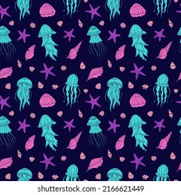 Seamless vector pattern with sketch of jellyfish, sea stars and seashells. Sea seamless vector pattern. Decoration print for wrapping, wallpaper, fabric. 