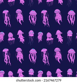 Seamless vector pattern with sketch of jellyfish. Sea seamless vector pattern. Decoration print for wrapping, wallpaper, fabric. 