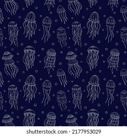 Seamless vector pattern with sketch of jellyfish. Sea seamless vector pattern. Decoration print for wrapping, wallpaper, fabric. 