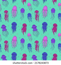 Seamless vector pattern with sketch of jellyfish. Sea seamless vector pattern. Decoration print for wrapping, wallpaper, fabric. 