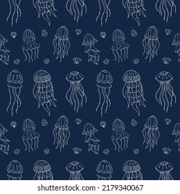 Seamless vector pattern with sketch of jellyfish. Sea seamless vector pattern. Decoration print for wrapping, wallpaper, fabric. 