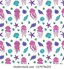 Seamless vector pattern with sketch of jellyfish and seashells. Sea seamless vector pattern. Decoration print for wrapping, wallpaper, fabric. 