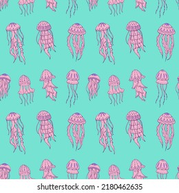 Seamless vector pattern with sketch of jellyfish. Sea seamless vector pattern. Decoration print for wrapping, wallpaper, fabric. 