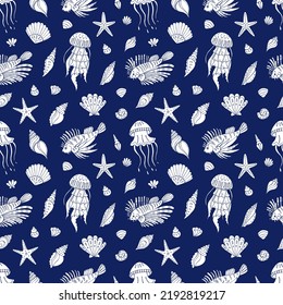 Seamless vector pattern with sketch of jellyfish, sea fish, seashells and sea stars. Sea seamless vector pattern. Decoration print for wrapping, wallpaper, fabric.
