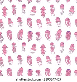 Seamless vector pattern with sketch of jellyfish and seashells. Sea seamless vector pattern. Decoration print for wrapping, wallpaper, fabric. 
