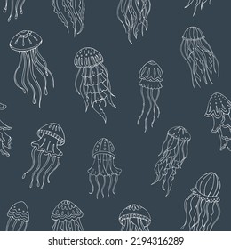 Seamless vector pattern with sketch of jellyfish. Sea seamless vector pattern. Decoration print for wrapping, wallpaper, fabric. 