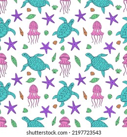 Seamless vector pattern with sketch of jellyfish, turtle, sea stars and seashells. Sea seamless vector pattern. Decoration print for wrapping, wallpaper, fabric. 