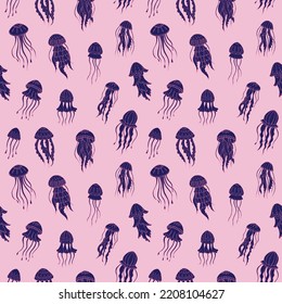 Seamless vector pattern with sketch of jellyfish. Sea seamless vector pattern. Decoration print for wrapping, wallpaper, fabric. 