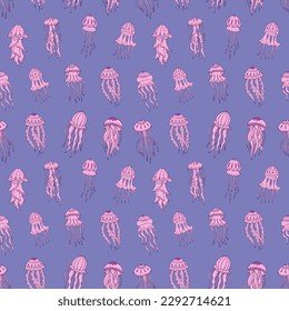 Seamless vector pattern with sketch of jellyfish. Sea seamless vector pattern. Decoration print for wrapping, wallpaper, fabric. 