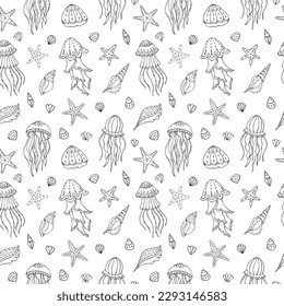 Seamless vector pattern with sketch of jellyfish and seashells. Sea seamless vector pattern. Decoration print for wrapping, wallpaper, fabric. 