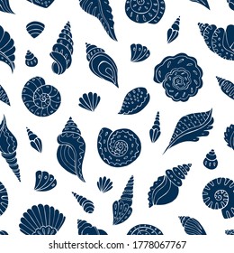 Seamless vector pattern with sketch of sea shells. Sea seamless vector pattern. Decoration print for wrapping, wallpaper, fabric. 