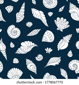 Seamless vector pattern with sketch of sea shells. Sea seamless vector pattern. Decoration print for wrapping, wallpaper, fabric. 