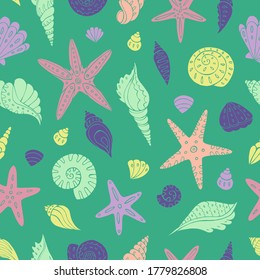 Seamless vector pattern with sketch of sea shells and sea stars . Sea seamless vector pattern. Decoration print for wrapping, wallpaper, fabric. 