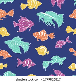 Seamless vector pattern with sketch of sea fish. Sea seamless vector pattern. Decoration print for wrapping, wallpaper, fabric.