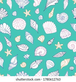 Seamless vector pattern with sketch of sea shells and starfish. Sea seamless vector pattern. Decoration print for wrapping, wallpaper, fabric. 