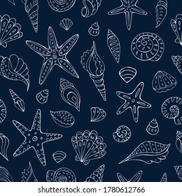 Seamless vector pattern with sketch of sea shells and sea stars . Sea seamless vector pattern. Decoration print for wrapping, wallpaper, fabric. 
